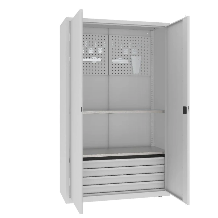 Otwarta szafa warsztatowa narzędziowa MSW212/5-17 Malow 1990x1200x500 mm – wysoka szeroka szafa metalowa z 4 szufladami, półkami i uchwytami narzędziowymi z darmową dostawą