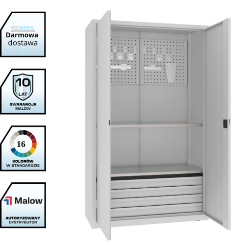 Szafa warsztatowa narzędziowa MSW212/5-17 Malow 1990x1200x500 mm – wysoka szeroka szafa metalowa z 4 szufladami, półkami i uchwytami narzędziowymi z darmową dostawą