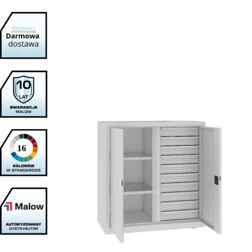 Szafa warsztatowa dzielona MSW110/5-15 Malow 1040x1000x500 mm – niska szafa metalowa z 2 półkami i blokiem 10 szuflad z darmową dostawą