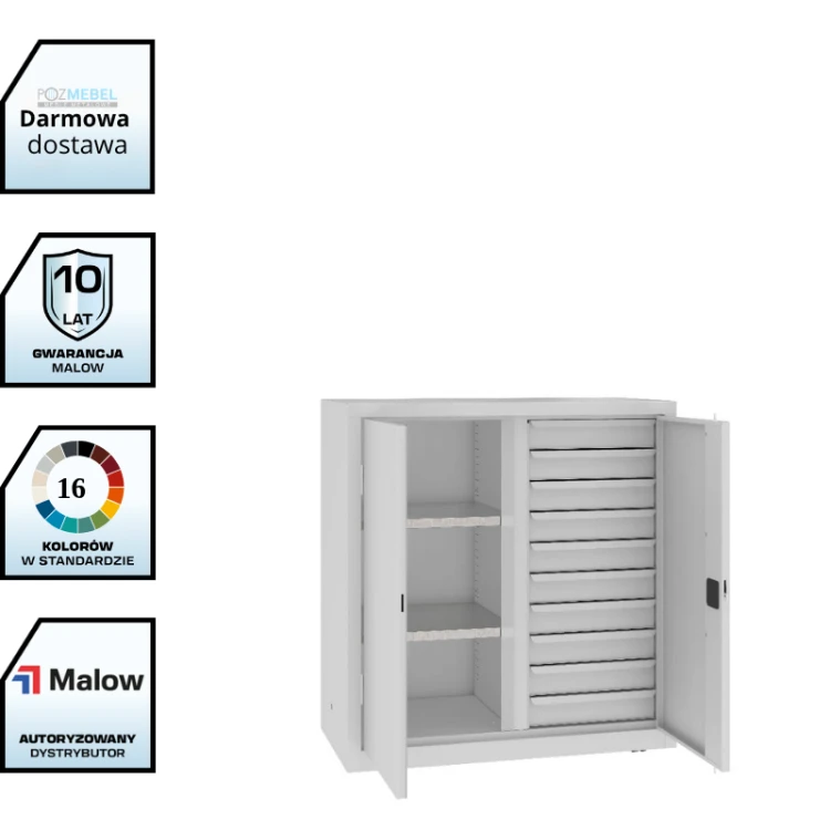 Szafa warsztatowa dzielona MSW110/5-15 Malow 1040x1000x500 mm – niska szafa metalowa z 2 półkami i blokiem 10 szuflad z darmową dostawą