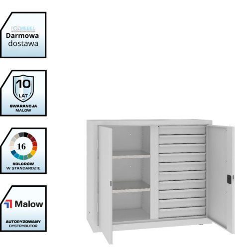 Szafa warsztatowa dzielona MSW112/5-15 Malow 1040x1200x500 mm – niska szeroka szafa metalowa z 2 półkami i blokiem 10 szuflad z darmową dostawą