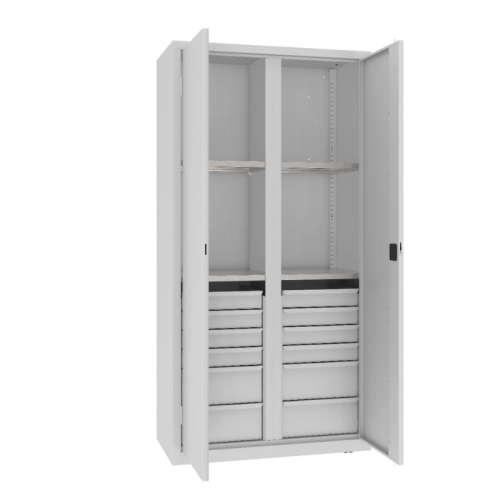 Otwarta szafa warsztatowa dzielona MSW210/5-30 Malow 1990x1000x500 mm – wysoka szafa metalowa z 6 półkami i 2 blokami po 6 szuflad z darmową dostawą