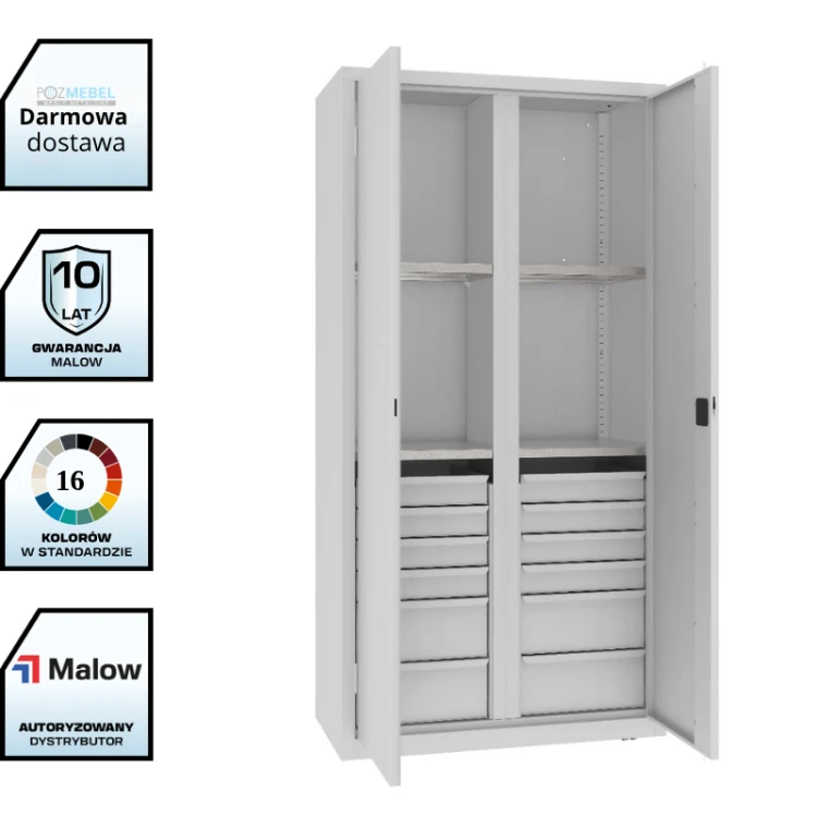 Szafa warsztatowa dzielona MSW210/5-30 Malow 1990x1000x500 mm – wysoka szafa metalowa z 6 półkami i 2 blokami po 6 szuflad z darmową dostawą