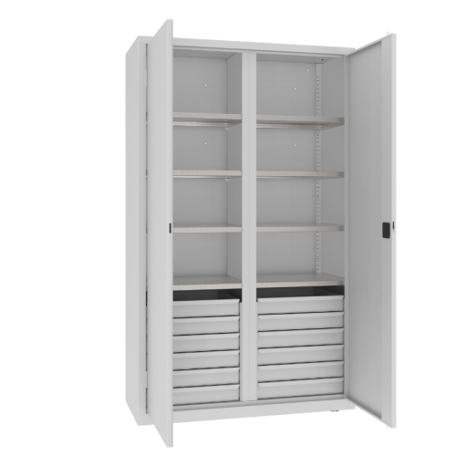 Otwarta szafa warsztatowa dzielona MSW212/5-30 Malow 1990x1200x500 mm – wysoka szeroka szafa metalowa z 6 półkami i 2 blokami po 6 szuflad z darmową dostawą