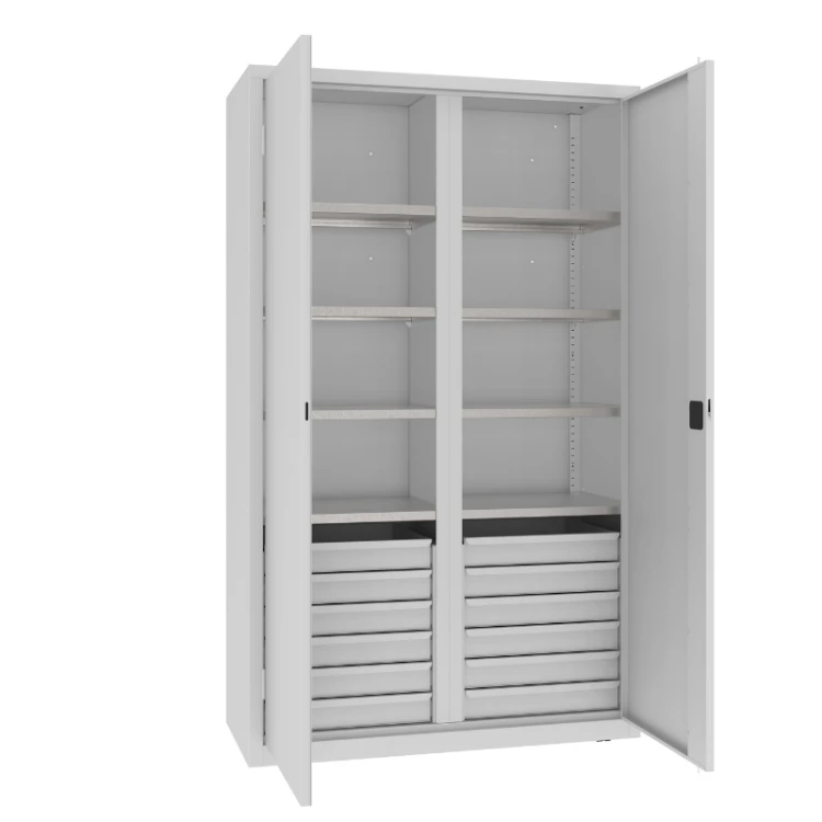 Otwarta szafa warsztatowa dzielona MSW212/5-30 Malow 1990x1200x500 mm – wysoka szeroka szafa metalowa z 6 półkami i 2 blokami po 6 szuflad z darmową dostawą