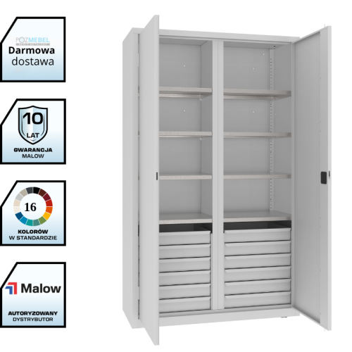 Szafa warsztatowa dzielona MSW212/5-30 Malow 1990x1200x500 mm – wysoka szeroka szafa metalowa z 6 półkami i 2 blokami po 6 szuflad z darmową dostawą