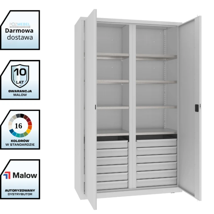 Szafa warsztatowa dzielona MSW212/5-30 Malow 1990x1200x500 mm – wysoka szeroka szafa metalowa z 6 półkami i 2 blokami po 6 szuflad z darmową dostawą