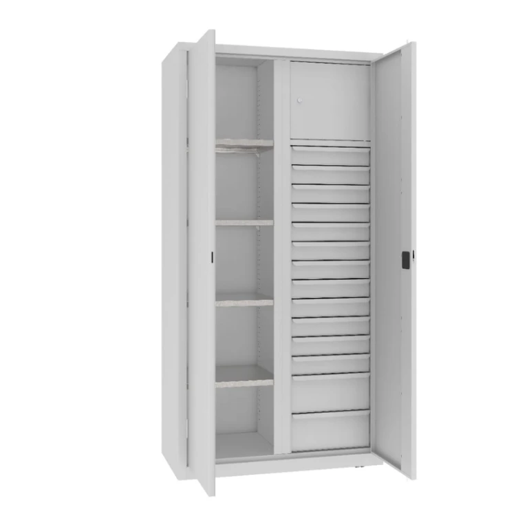 Otwarta szafa warsztatowa dzielona MSW210/5-31 Malow 1990x1000x500 mm – wysoka szafa metalowa z 4 półkami, blokiem 14 szuflad i schowkiem z darmową dostawą