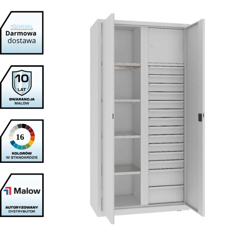 Szafa warsztatowa dzielona MSW210/5-31 Malow 1990x1000x500 mm – wysoka szafa metalowa z 4 półkami, blokiem 14 szuflad i schowkiem z darmową dostawą