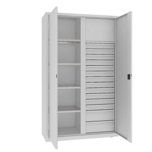 Otwarta szafa warsztatowa dzielona MSW212/5-31 Malow 1990x1200x500 mm – wysoka szeroka szafa metalowa z 4 półkami, blokiem 14 szuflad i schowkiem z darmową dostawą
