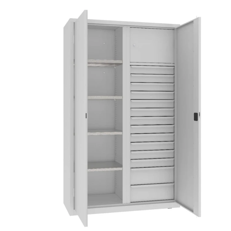 Otwarta szafa warsztatowa dzielona MSW212/5-31 Malow 1990x1200x500 mm – wysoka szeroka szafa metalowa z 4 półkami, blokiem 14 szuflad i schowkiem z darmową dostawą