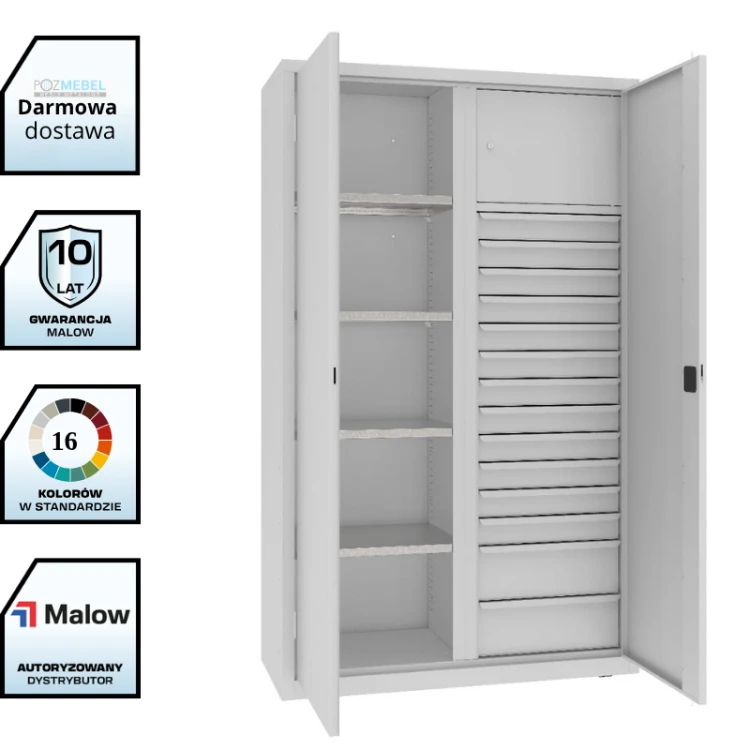 Szafa warsztatowa dzielona MSW212/5-31 Malow 1990x1200x500 mm – wysoka szeroka szafa metalowa z 4 półkami, blokiem 14 szuflad i schowkiem z darmową dostawą