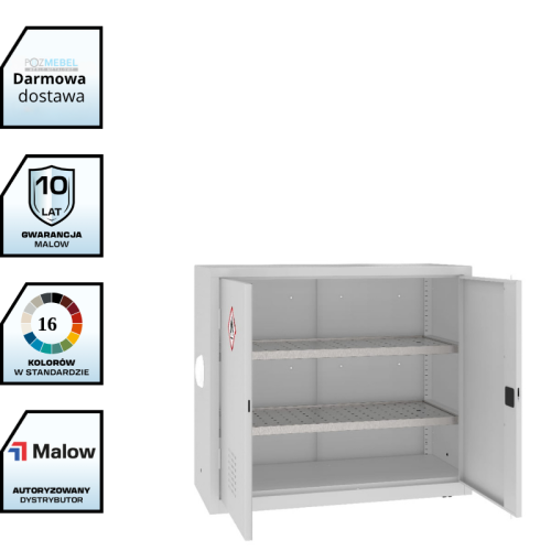 Szafa warsztatowa na chemikalia MSW112/5-24pa Malow 1040x1200x500 mm – niska szeroka szafa metalowa z 2 półko-wanienkami, ociekaczami i anemostatem z darmową dostawą