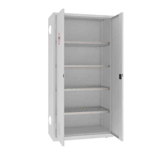 Otwarta szafa warsztatowa na chemikalia MSW210/5-25pa Malow 1990x1000x500 mm – wysoka szafa metalowa z 4 półko-wanienkami, ociekaczami i 2 anemostatami z darmową dostawą