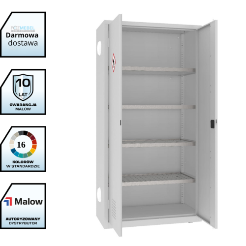 Szafa warsztatowa na chemikalia MSW210/5-25pa Malow 1990x1000x500 mm – wysoka szafa metalowa z 4 półko-wanienkami, ociekaczami i 2 anemostatami z darmową dostawą