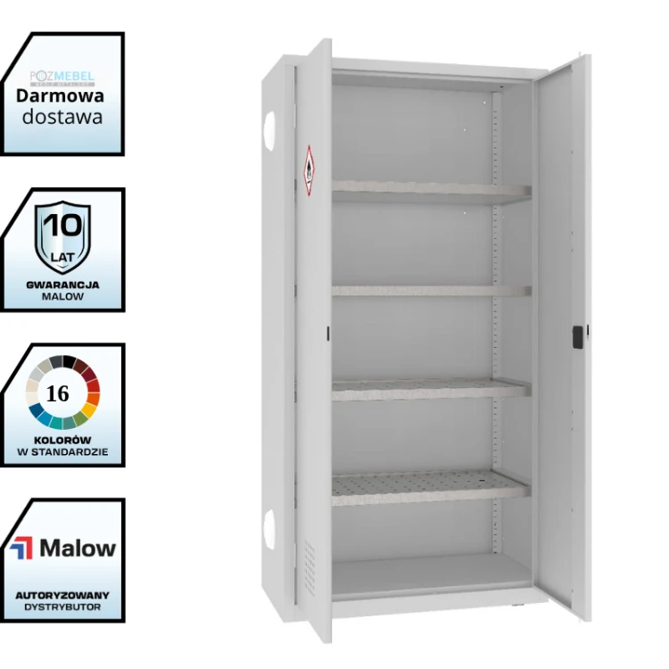 Szafa warsztatowa na chemikalia MSW210/5-25pa Malow 1990x1000x500 mm – wysoka szafa metalowa z 4 półko-wanienkami, ociekaczami i 2 anemostatami z darmową dostawą
