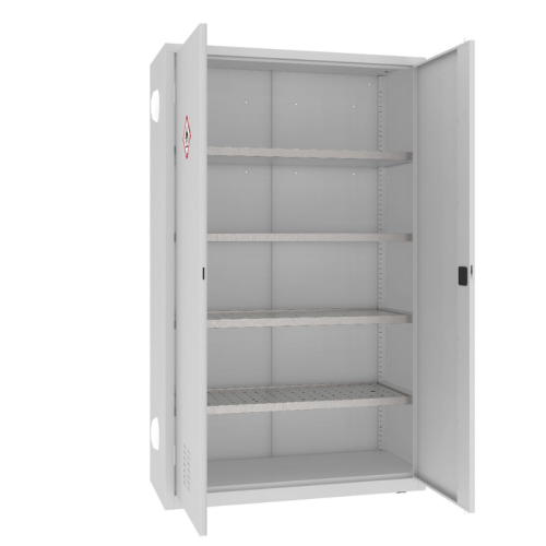 Otwarta szafa warsztatowa na chemikalia MSW212/5-25pa Malow 1990x1200x500 mm – wysoka szeroka szafa metalowa z 4 półko-wanienkami, ociekaczami i 2 anemostatami z darmową dostawą