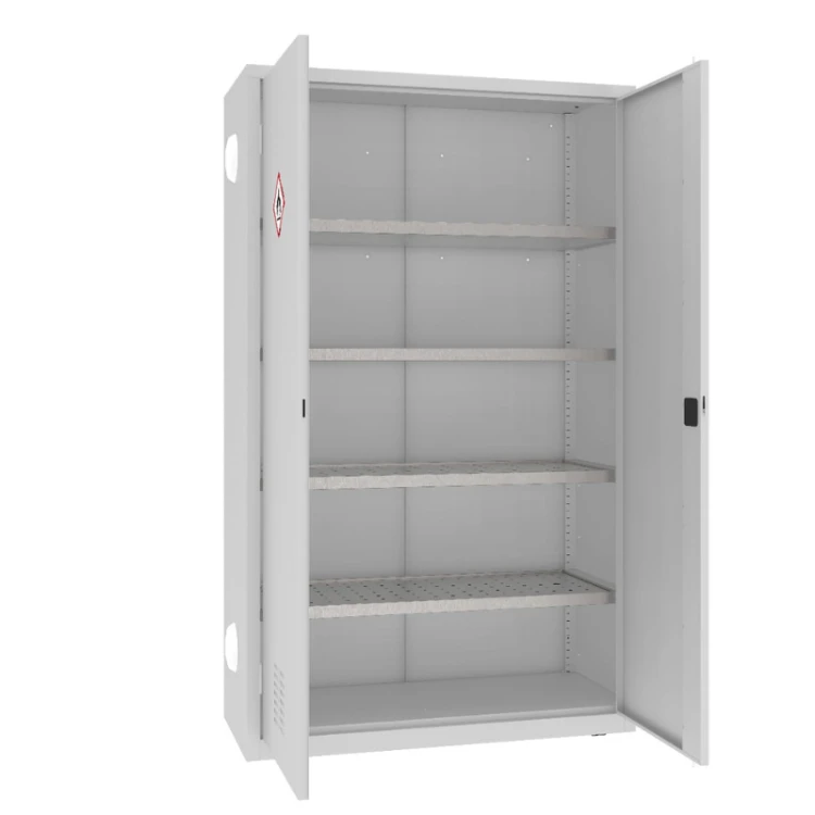 Otwarta szafa warsztatowa na chemikalia MSW212/5-25pa Malow 1990x1200x500 mm – wysoka szeroka szafa metalowa z 4 półko-wanienkami, ociekaczami i 2 anemostatami z darmową dostawą