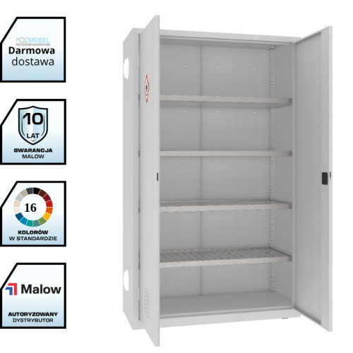 Szafa warsztatowa na chemikalia MSW212/5-25pa Malow 1990x1200x500 mm – wysoka szeroka szafa metalowa z 4 półko-wanienkami, ociekaczami i 2 anemostatami z darmową dostawą