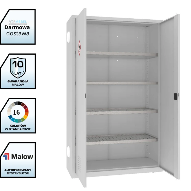 Szafa warsztatowa na chemikalia MSW212/5-25pa Malow 1990x1200x500 mm – wysoka szeroka szafa metalowa z 4 półko-wanienkami, ociekaczami i 2 anemostatami z darmową dostawą
