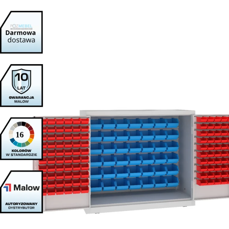 Szafa warsztatowa z pojemnikami MSW112/5-11s Malow 1040x1200x500 mm – niska szeroka szafa metalowa ze 162 pojemnikami na akcesoria z darmową dostawą