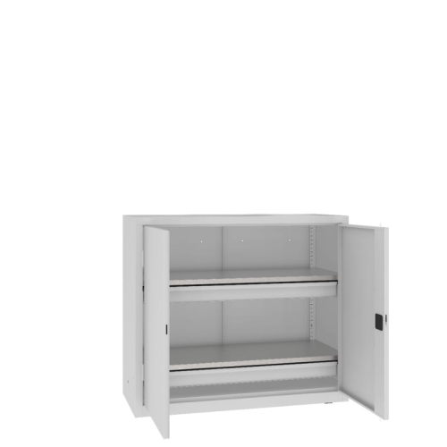 Otwarta szafa warsztatowa z półkami i szufladami MSW112/5-27 Malow 1040x1200x500 mm – niska szeroka szafa metalowa z 2 półkami i 2 szufladami z darmową dostawą