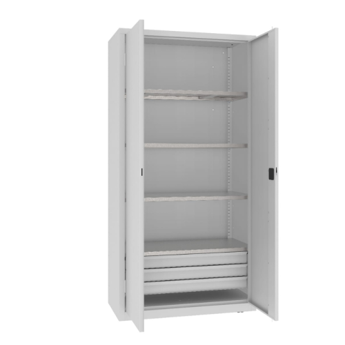 Otwarta szafa warsztatowa z półkami i szufladami MSW210/5-26 Malow 1990x1000x500 mm – wysoka szafa metalowa z 4 półkami i blokiem 3 szuflad z darmową dostawą