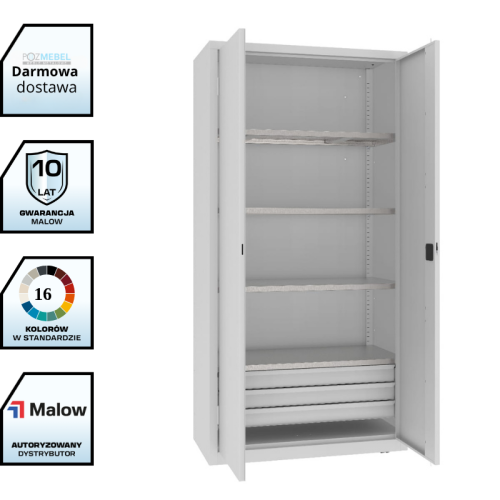 Szafa warsztatowa z półkami i szufladami MSW210/5-26 Malow 1990x1000x500 mm – wysoka szafa metalowa z 4 półkami i blokiem 3 szuflad z darmową dostawą