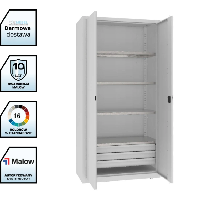 Szafa warsztatowa z półkami i szufladami MSW210/5-26 Malow 1990x1000x500 mm – wysoka szafa metalowa z 4 półkami i blokiem 3 szuflad z darmową dostawą