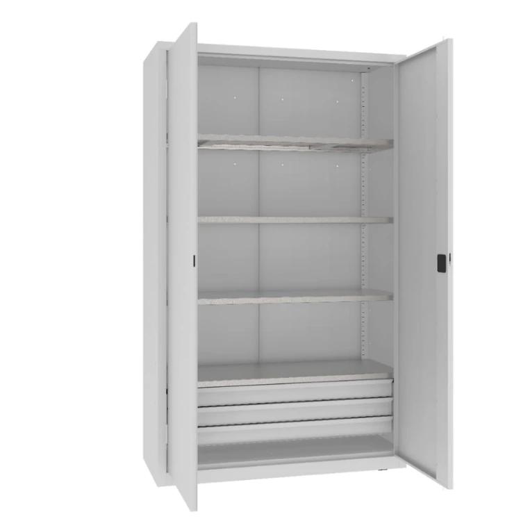 Otwarta szafa warsztatowa z półkami i szufladami MSW212/5-26 Malow 1990x1200x500 mm – wysoka szeroka szafa metalowa z 4 półkami i blokiem 3 szuflad z darmową dostawą