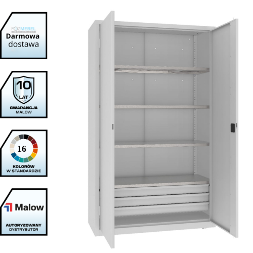 Szafa warsztatowa z półkami i szufladami MSW212/5-26 Malow 1990x1200x500 mm – wysoka szeroka szafa metalowa z 4 półkami i blokiem 3 szuflad z darmową dostawą