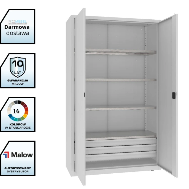 Szafa warsztatowa z półkami i szufladami MSW212/5-26 Malow 1990x1200x500 mm – wysoka szeroka szafa metalowa z 4 półkami i blokiem 3 szuflad z darmową dostawą