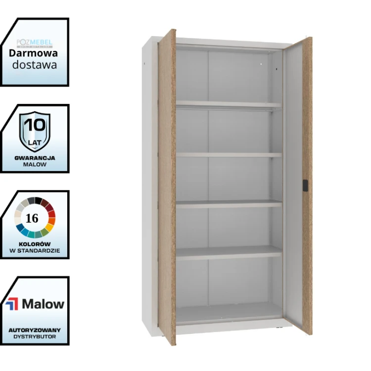 Wysoka szafa na dokumenty z okleiną Orzech Włoski SBM 203 M Malow 1990x1000x435 mm – metalowa szafa biurowa na akta RODO z darmową dostawą