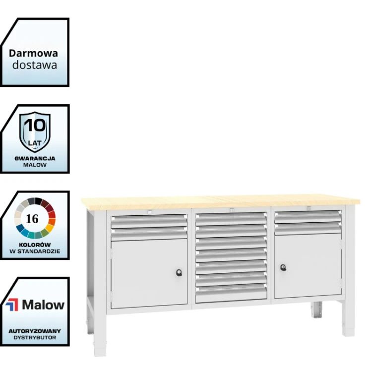 Stół warsztatowy SWT 17/7 1765x620 mm Malow – duży stół warsztatowy z 2 szafkami i 11 szufladami z darmowa dostawą.png