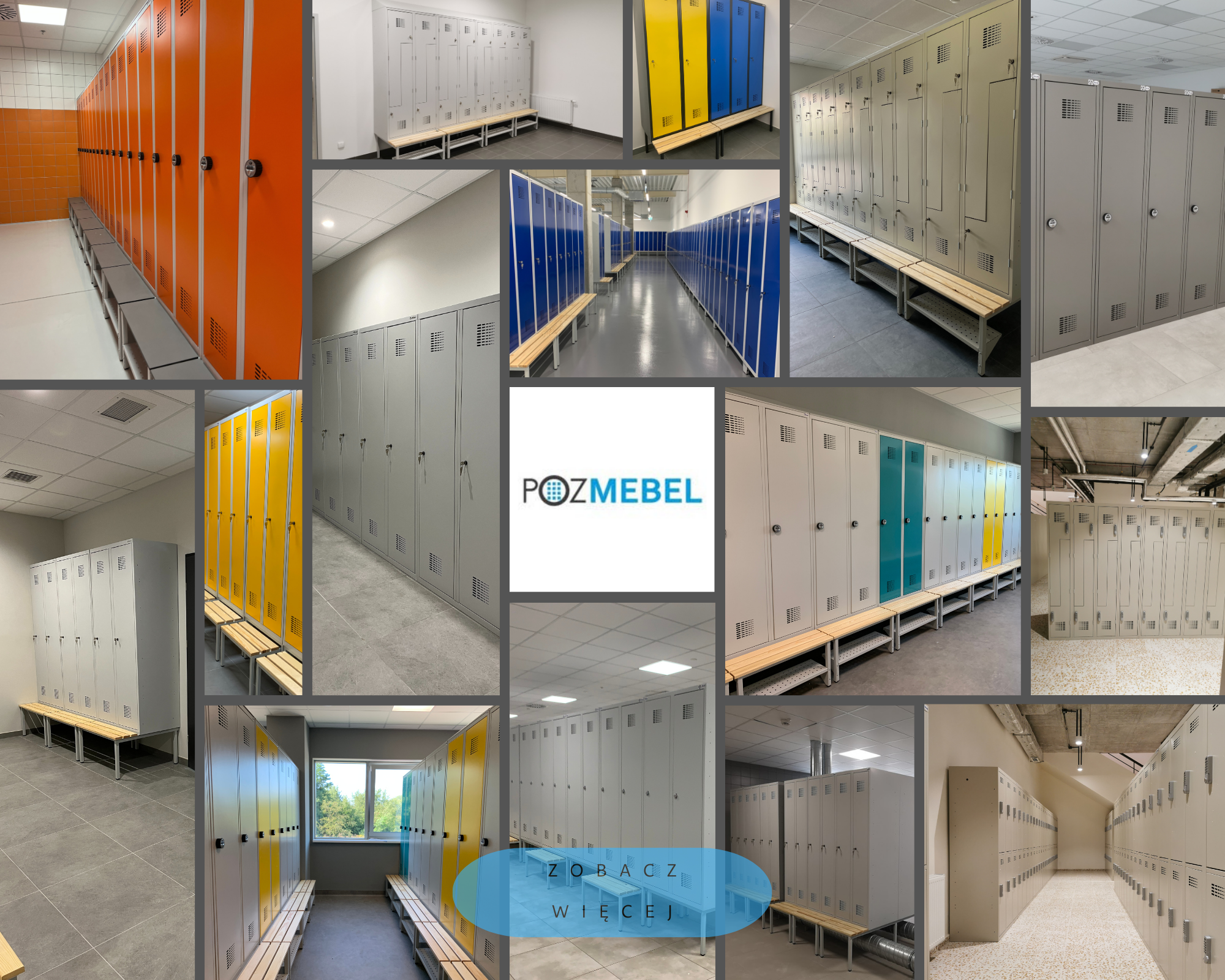 Realizacje Pozmebel – metalowe szafy ubraniowe i wyposażenie szatni pracowniczych w różnych aranżacjach (ławki, podstawy z siedziskiem, różne kolory RAL)