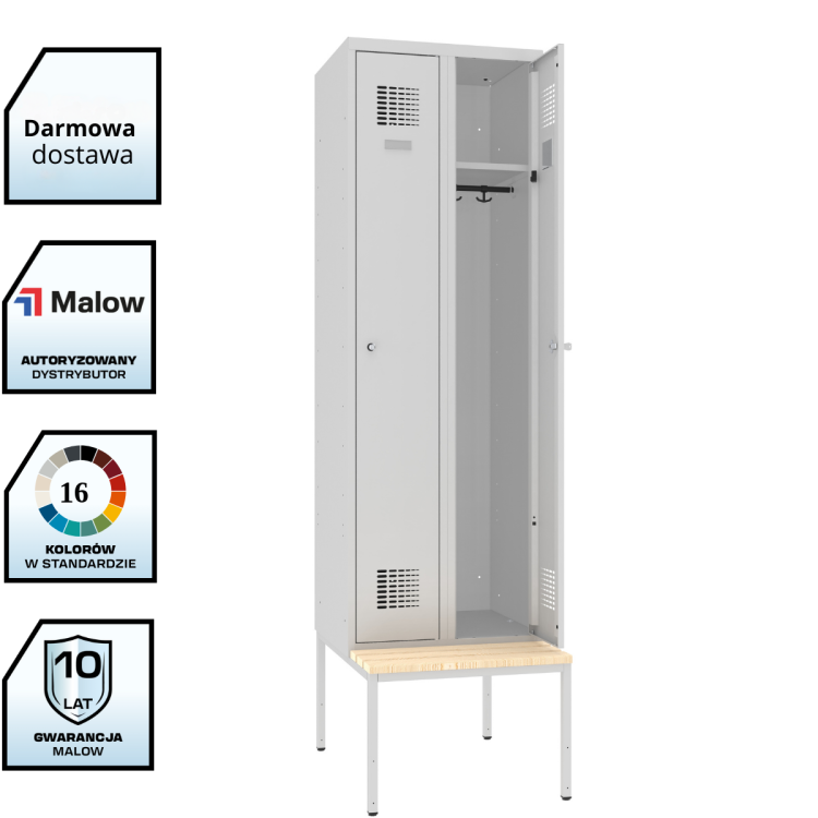 Szafa BHP z ławeczką SUM 320 + podstawa P 323W Malow – szafa bhp na podstawie ze stałym siedziskiem