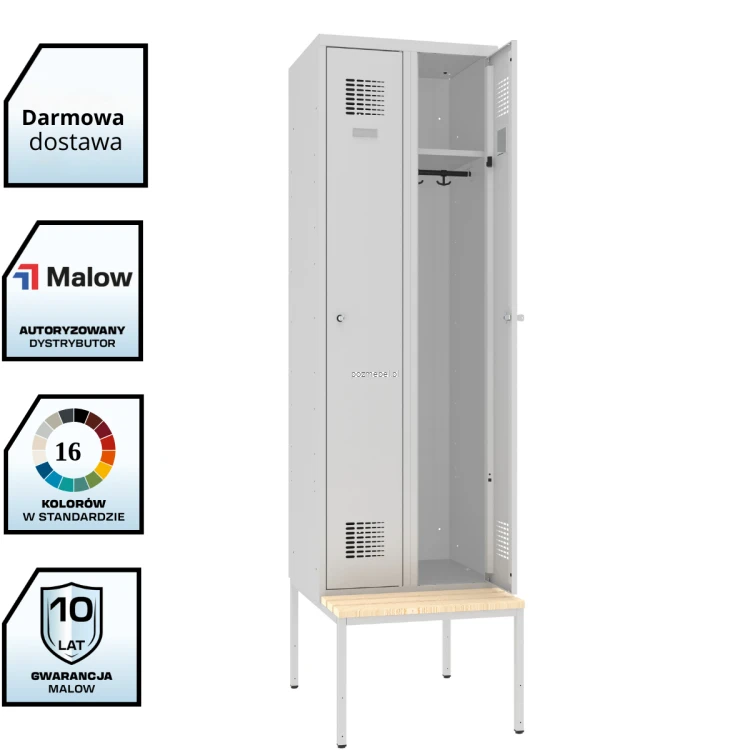 Szafa BHP z ławeczką SUM 320 + podstawa P 323W Malow – szafa bhp na podstawie ze stałym siedziskiem