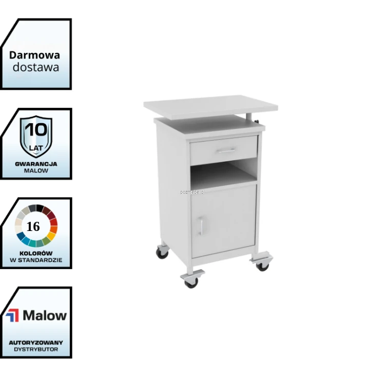 Szpitalna szafka przyłóżkowa mobilna SZL 201 Malow – z regulowanym blatem, 800 x 610 x 420 mm