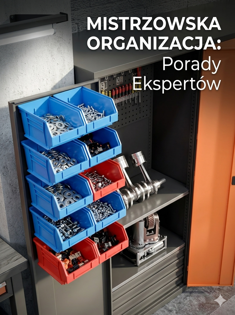 Otarta szafa metalowa z niebieskimi i czerwonymi pojemnikami na drobne elementy i części maszyn.