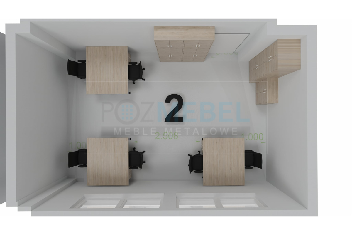 Projekt biura z wizualizacją stanowisk pracy Pozmebel