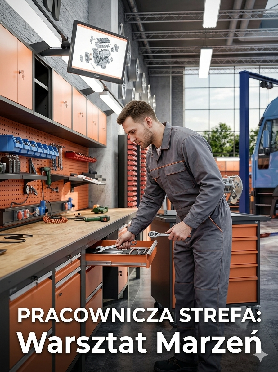 Mechanik korzystający z profesjonalnych mebli warsztatowych Malow, widoczny stół roboczy i szafki z szufladami.